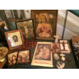A COLLECTION OF RELIGIOUS ITEMS TO INCLUDE PICTURES. CROSSES AND A TERRACOTTA NATIVITY