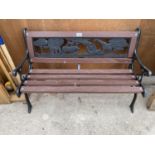 A CHILDREN'S SLATTED GARDEN BENCH WITH CAST BENCH ENDS AND CAST SAFARI THEMED BACK