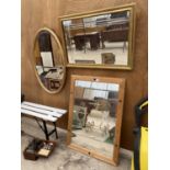 A GROUP OF THREE VARIOUS MIRRORS TO INCLUDE A PINE FRAMED WITH METAL STUD WORK AND A GILT FRAMED