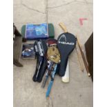 AN ASSORTMENT OF ITEMS TO INCLUDE A BBQ SET, A CAR STEREO AND AN ASSORTMENT OF SPORTS EQUIPMENT