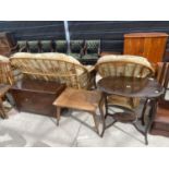 AN EDWARDIAN CENTRE TABLE, WALNUT TABLE WITH FOLDING LEGS AND A BLANKET CHEST