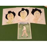 THREE PAINTINGS ON BOARD OF GEISHA GIRLS, SIGNED P. SARGENT AND FURTHER PAINTING OF A GOLFER