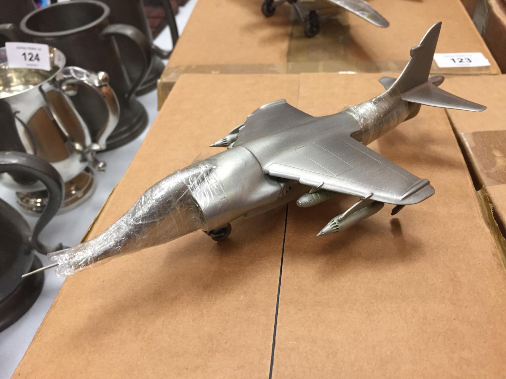 A BOXED PEWTER MODEL 1969 BRITISH MILITARY JUMP JET AIRCRAFT 'HAWKER SIDDELEY HARRIER'