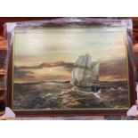 A FRAMED PICTURE OF A SAILING SHIP 77CM X 57CM