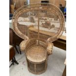 A MID 20TH CENTURY RATTAN PEACOCK CHAIR WITH TWIST BASE, 42" WIDE, 58" HIGH