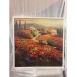 A LARGE FRAMED OIL PAINTING OF COUNTRY COTTAGE SCENE AND POPPIES 90CM X 90CM