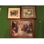 THREE FRAMED PICTURES TO INCLUDE A BRIDAL SCENE, A TAPESTRY AND A BOX 3D FLORAL PICTURE