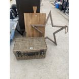 A WICKER HAMPER BASKET A WOODEN WALL HANGING AND A WOODEN CHOPPING BOARD