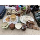 AN ASSORTMENT OF ITEMS TO INCLUDE STONE WARE VESSELS, MEAT PLATES AND FURTHER CERAMICS ETC