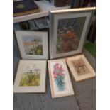 FIVE FRAMED PRINTS OF FLORAL AND BEACH SCENES