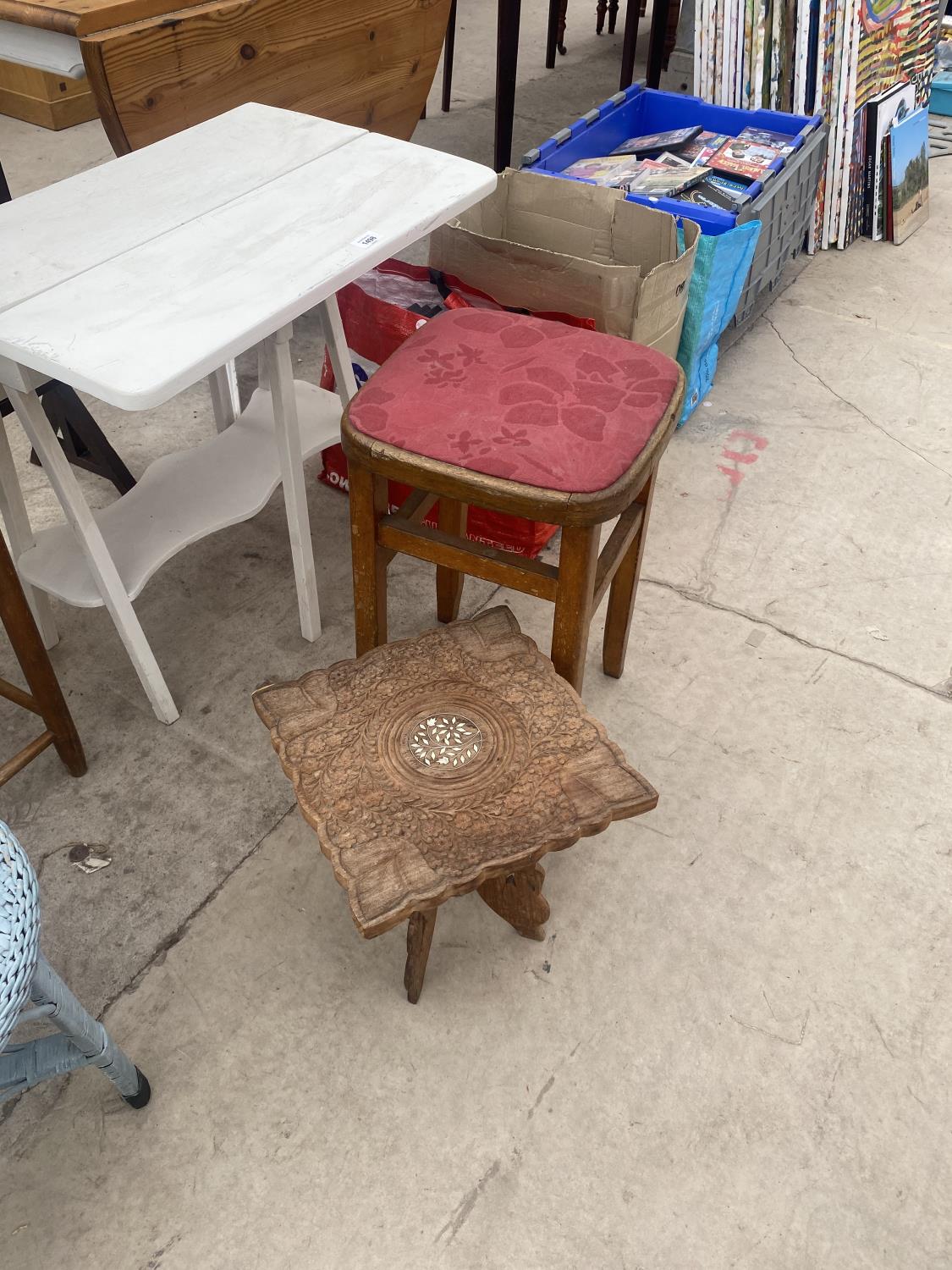 AN ASSORTMENT OF ITEMS TO INCLUDE A WICKER SEATED STOOL, A DROP LEAF TABLE AND A CARVED TABLE ETC - Image 4 of 4
