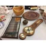 A WOODEN BAROMETER AND HYGROMETER, TWO WOODEN DISPLAY BOWLS AND A WOODEN BEAD FRAMED MIRROR