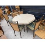 A MODERN OCTAGONAL STONE EFFECT DINING TABLE, 52" ACROSS WITH, FOUR TUBULAR METAL FRAMED CHAIRS WITH