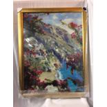 A LARGE GILT FRAMED PICTURE OF A CONTINENTAL HILLSIDE SCENE 87CM X 112CM