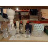 A COLLECTION OF GLASS VASES TO INCLUDE A WEDGEWOOD VASE, A JARDINERE AND A CANDLE HOLDER