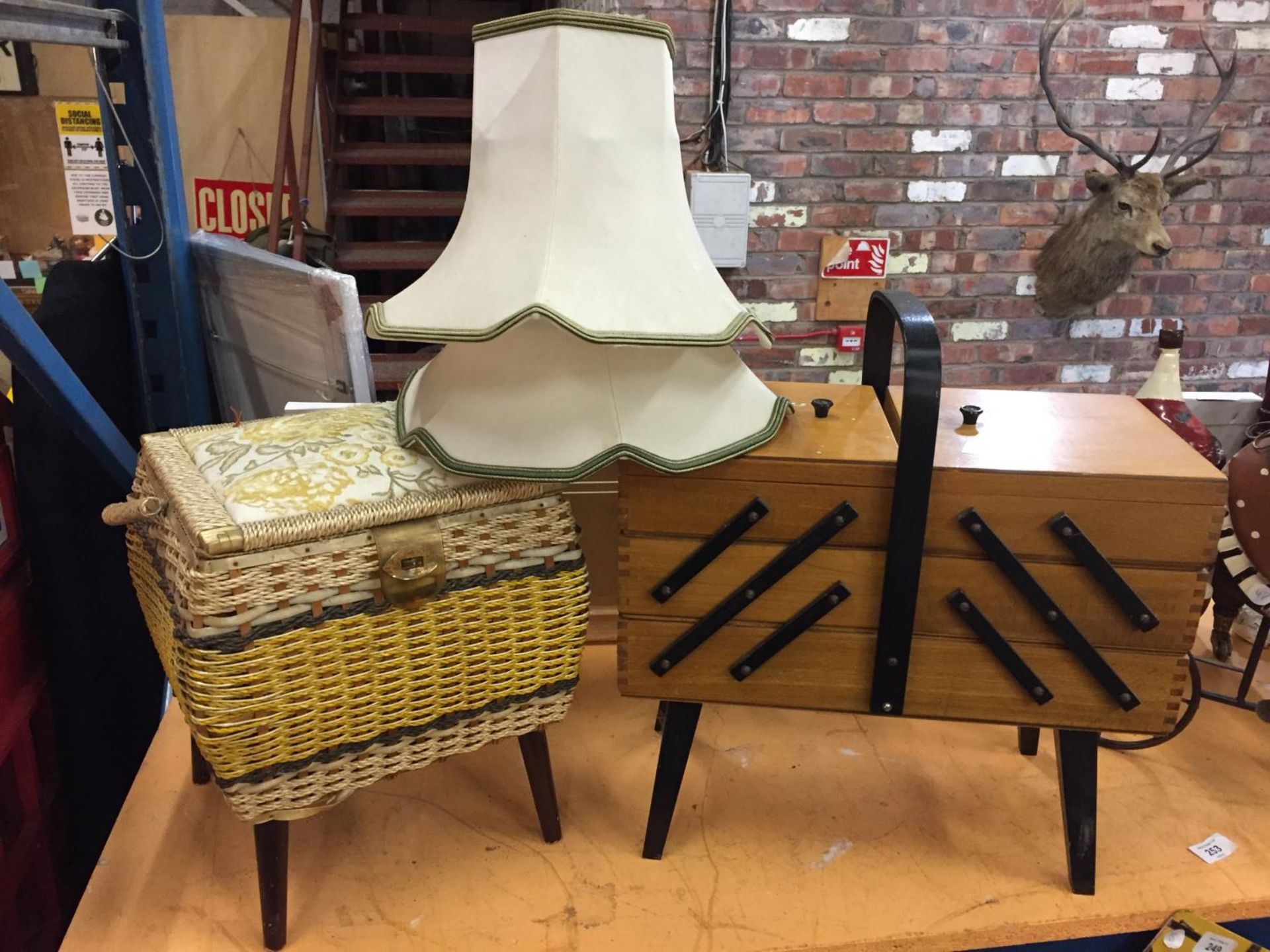 TWO VINTAGE SEWING BOXES (ONE CONCERTINA) AND A PAIR OF LAMPSHADES