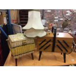 TWO VINTAGE SEWING BOXES (ONE CONCERTINA) AND A PAIR OF LAMPSHADES