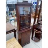 A MAHOGANY AND INLAID STRONGBOW FURNITURE CORNER CUPBOARD WITH GLAZED UPPER PORTION, 26" WIDE