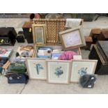 AN ASSORTMENT OF ITEMS TO INCLUDE FRAMED PRINTS AND PICTURES, A LARGE WICKER CHEST AND NEW BED LINEN