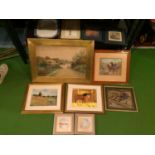 AN NUMBER OF FRAMED PRINTS AND A LARGE SERVING PLATE