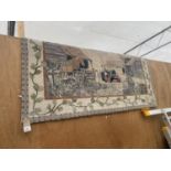 A PATTERNED RUG DEPICTING A FARMING SCENE, APPROX 59" X 36"