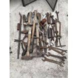 AN ASSORTMENT OF HAND TOOLS TO INCLUDE SPANNERS, HAMMERS AND AN OIL CAN ETC