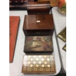 A COLLECTION OF FOUR BOXES TO INCLUDE A TWO COMPARTMENT BOX, A VINTAGE SEWING BOX WITH CONTENTS, A