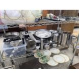A LARGE ASSORTMENT OF STAINLESS STEEL CATERING ITEMS TO INCLUDE COFFEE POTS, FLATWARE AND SERVICE