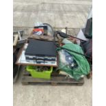 AN ASSORTMENT OF HOUSEHOLD CLEARANCE ITEMS TO INCLUDE SUITCASES, CERAMICS AND A EPNS CHARGER ETC