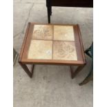 A RETRO TEAK TILED TOP TABLE LABELLED 'ENFLENDER', 21X18.5"