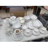 AN ASSORTMENT CERAMIC WARE TO INCLUDE SPODE GOTHIC TRIOS, SPODE GOTHIC SERVING DISHES, A COLCLOUGH