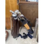 TWO GOLF BAGS WITH AN ASSORTMENT OF GOLF CLUBS TO INCLUDE CALLAWAY AND PING ETC