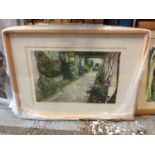 A WOODEN FRAMED PICTURE OF A COURTYARD 73CM X 55CM