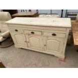 A PAINTED HARDWOOD VICTORIAN STYLE SIDEBOARD, 57" WIDE, ENCLOSING THREE PANELLED DOORS AND THREE