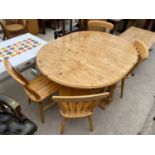A MODERN PINE GATELEG KITCHEN TABLE, 45" X 56" AND FOUR CHAIRS