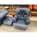 A BLUE LEATHER BUTTON BACK EASY CHAIR AND STOOL