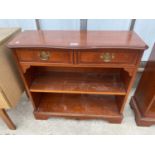 A MODERN YEW WOOD OPEN BOOKCASE WITH TWO DRAWERS, 29.5" WIDE