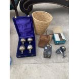 AN ASSORTMENT OF ITEMS TO INCLUDE A CASED SET OF GOBLETS, A VINTAGE CAMERA AND A FISHING REEL ETC