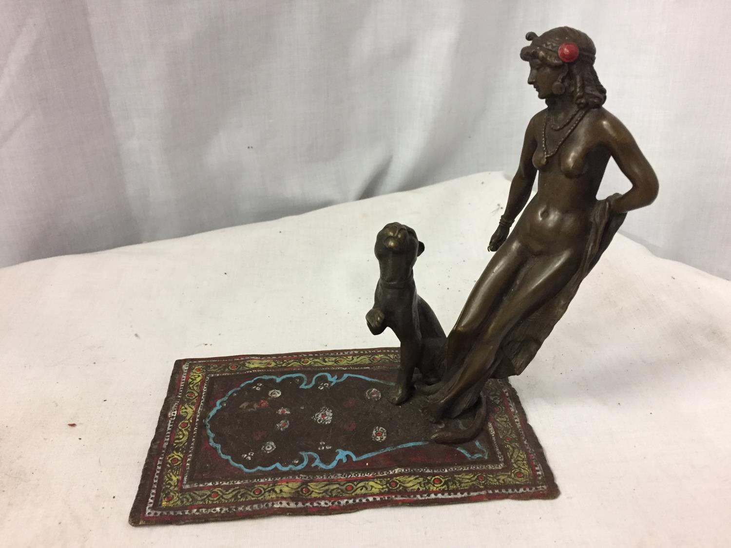 A COLD PAINTED BRONZE OF A NUDE LADY WITH HER LEOPARD (A/F NEEDS A SCREW ON LADIES FOOT) L: 16CM