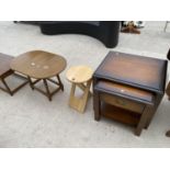 A SMALL DROP-LEAF TABLE, FOLDING STOOL AND NEST OF TWO TABLES