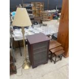 A MODERN STANDARD LAMP WITH SHADE, A STEREO CABINET AND A NEST OF THREE TABLES