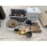 AN ASSORTMENT OF ITEMS TO INCLUDE VINTAGE CAR PARTS, AN ENAMEL BREAD BIN AND A VINTAGE HAND SAW ETC