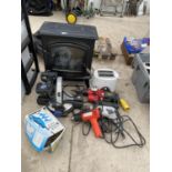 AN ASSORTMENT OF ITEMS TO INCLUDE AN ELECTRIC FIRE, ELECTRIC MITRE SAW AND FURTHER POWER DRILLS ETC