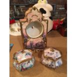 TWO DECORATIVE MUSICAL BOXES AND FURTHER 'LAMPLIGHT LANE HEIRLOOM PORCELAIN CLOCK CASING (CLOCK