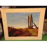 AN ACRYLIC PAINTING OF A DESERT SCENE ON BOARD