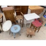 AN ASSORTMENT OF ITEMS TO INCLUDE A WICKER SEATED STOOL, A DROP LEAF TABLE AND A CARVED TABLE ETC