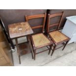 A PAIR OF MAHOGANY AND INLAID BEDROOM CHAIRS AND AN OAK JARDINIERE STAND