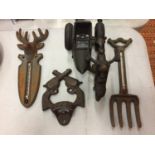 FOUR CAST IRON ITEMS TO INCLUDE A BOTTLE OPENER, TWO THERMOMETERS AND A MOTORBIKE WITH SIDECAR