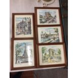 FIVE FRAMED PRINTS OF PARIS SCENES