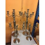 TWO PAIRS OF BRASS, NICKEL PLATED, CANDELABRAS, FIVE ARM PAIR HEIGHT APPROX 92CM, THREE ARM PAIR